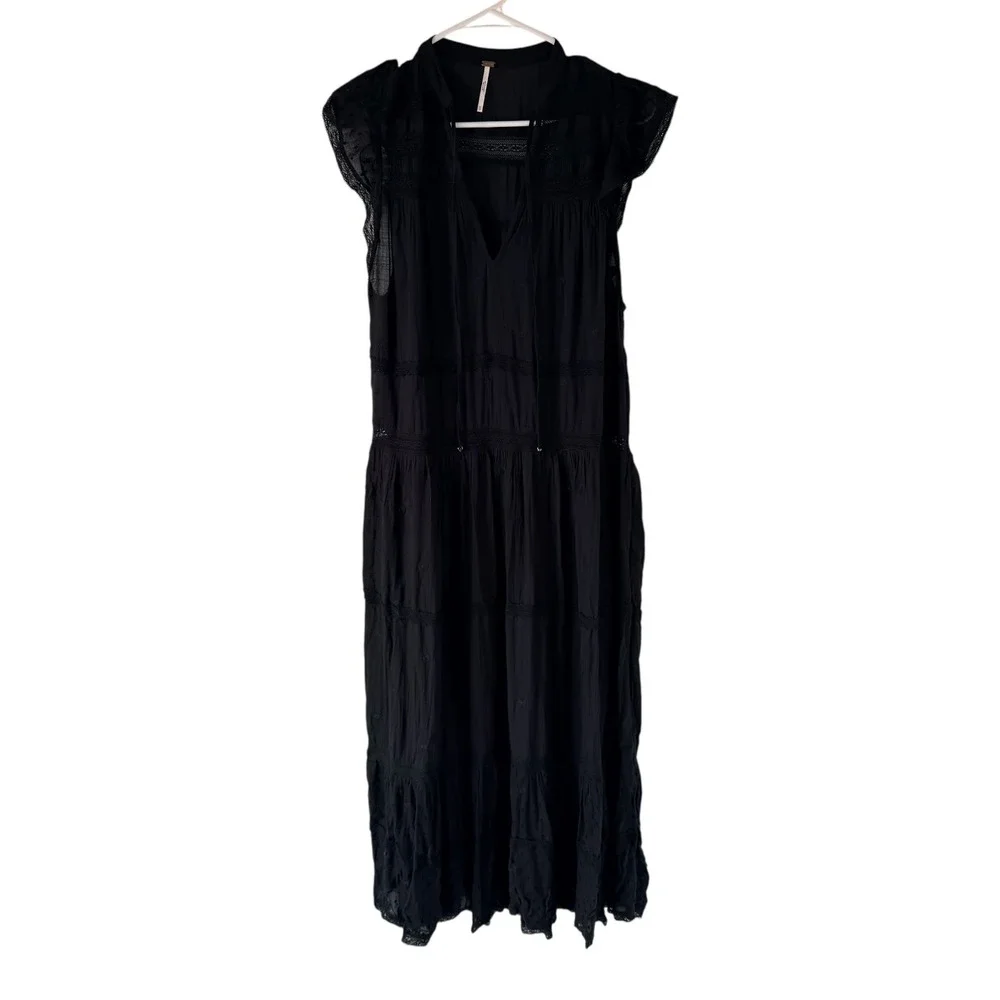 Free People Midnight Midi Dress XS Black Sheer Layered Tier Boho Maxi WhimsyGoth